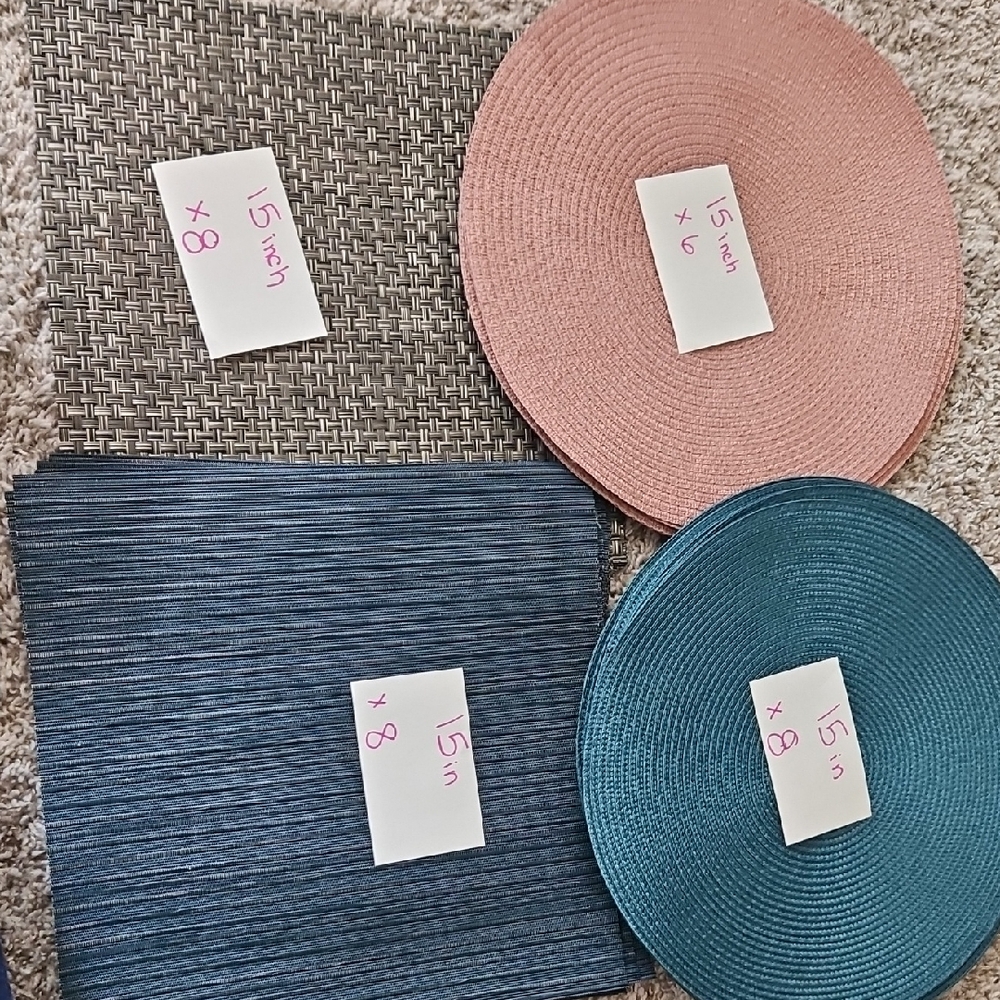 Set of Woven Placemats in Blue, Pink, and Gray